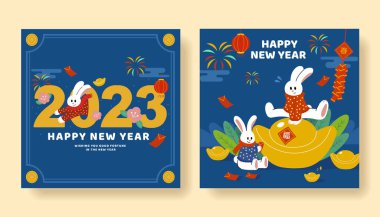 Illustrated 2023 chinese new year blue square greeting cards on light yellow background. One with 2023 typography rabbit hopping through 0. The other with 2 rabbits playing around big gold ingot.