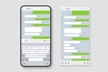 SMS interface mockup on smartphone with speech bubbles and keyboard