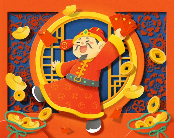 Ilustrovaný Šťastný Bůh Bohatství Mávající Červenými Obálkami Čínském Okně Květinové — Stockový vektor