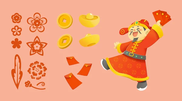 Illustrated Caishen Chinese New Year Set Joyful God Wealth Waving — Stock Vector