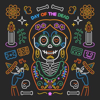Day of the dead illustration. Colorful line doodle style beautiful female skeleton with sugar skull make up and holiday design elements on black background. clipart