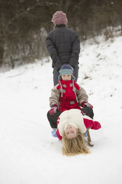 Bambini rende l'inverno divertente con slitta all'aperto — Foto Stock