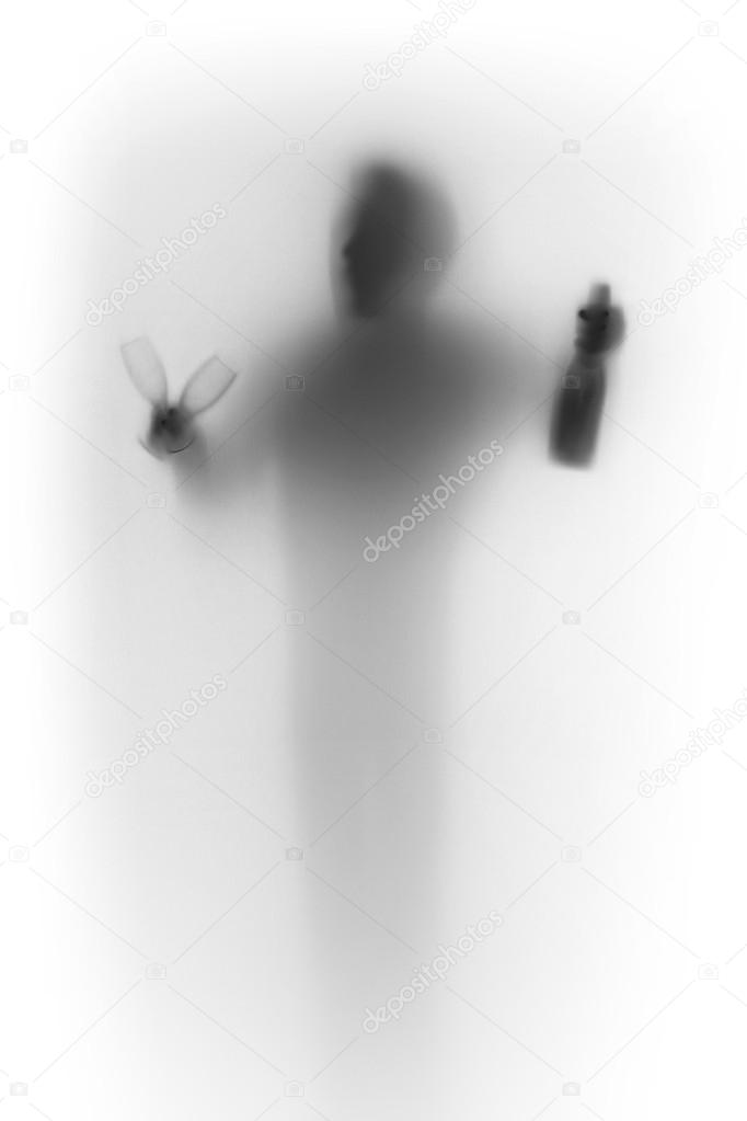 Human male body silhouette, with bottle and glasses