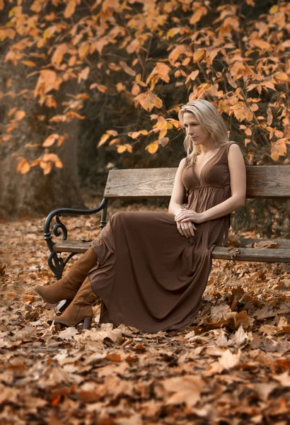 Hermosa mujer rubia se sienta en el parque de otoño, en vestido marrón —  Fotos de Stock