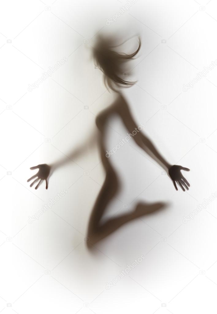 Sexy, slim jumping woman body silhouette, hair