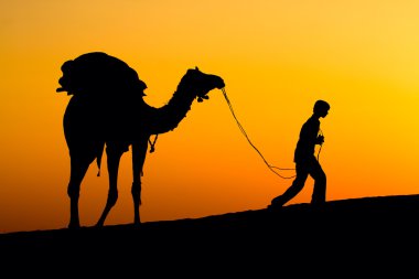 bir adam ve Hindistan günbatımında deve silüeti