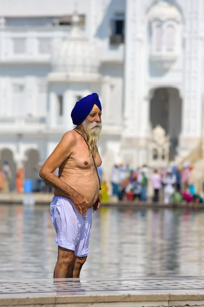 AMRITSAR, INDIA - 18 DE OCTUBRE: Sikh no identificado visitando el Templo Dorado el 18 de octubre de 2012 en Amritsar, Punjab, India. Los peregrinos sij viajan desde toda la India para orar en este lugar sagrado . —  Fotos de Stock