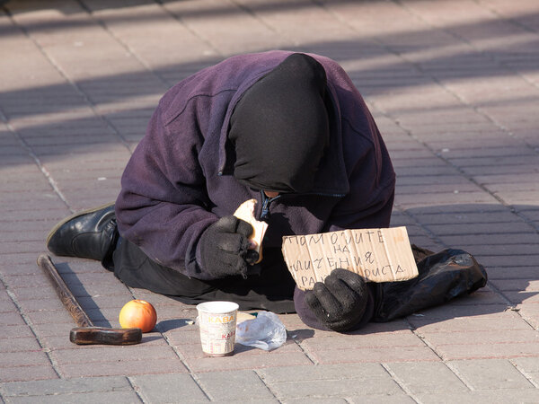An unidentified homeless woman in Kiev, Ukraine