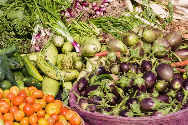 Viele verschiedene ökologische Gemüsesorten auf dem Markt in Indien — Stockfoto