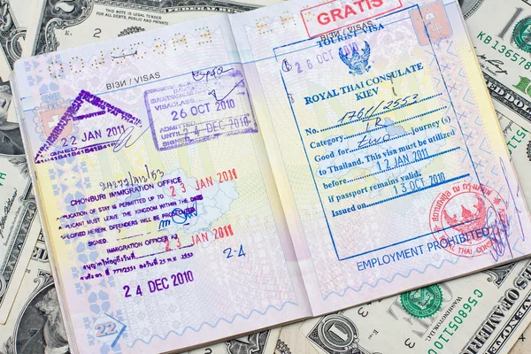 Pasaporte con sellos con nosotros dólar, concepto de viaje —  Fotos de Stock