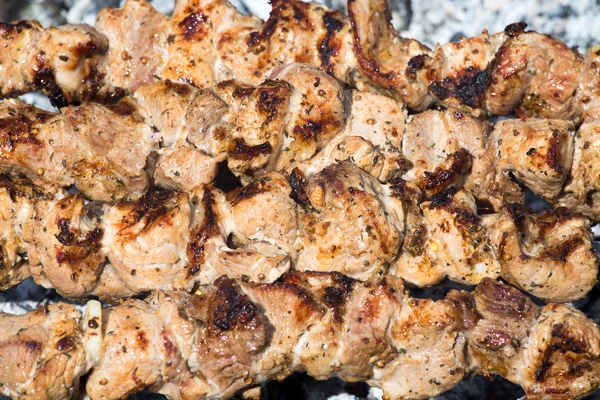 Shashlik on skewers closeup, raw and cooked Royalty Free Stock Photos