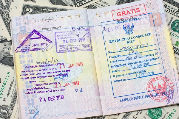 Paszport, znaczki i nam Dolar — Zdjęcie stockowe