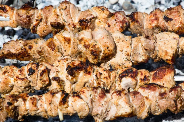 Shashlik sugli spiedini primo piano, crudo e cotto — Foto Stock