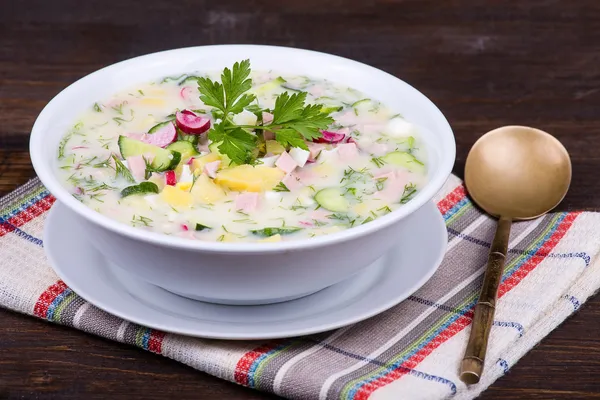 Okroshka ruso con yogur y verduras, comida —  Fotos de Stock