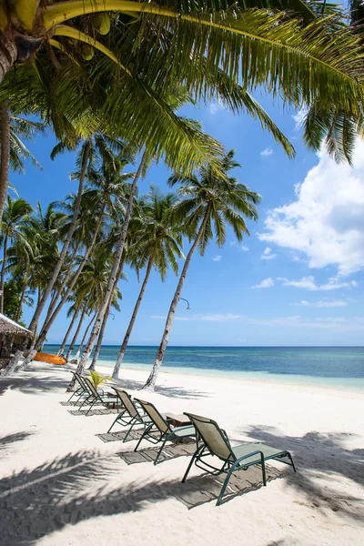 Tropischer Strand, perfekter Ort zum Entspannen, Liegestühle im Schatten einer Palme. — Stockfoto