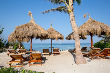 güneşli sahil plaj sandalyesi. malapascua Adası, Filipinler