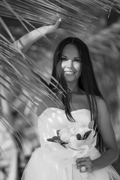 Portrait of beautiful happy bride - black and white image — Stock Photo, Image
