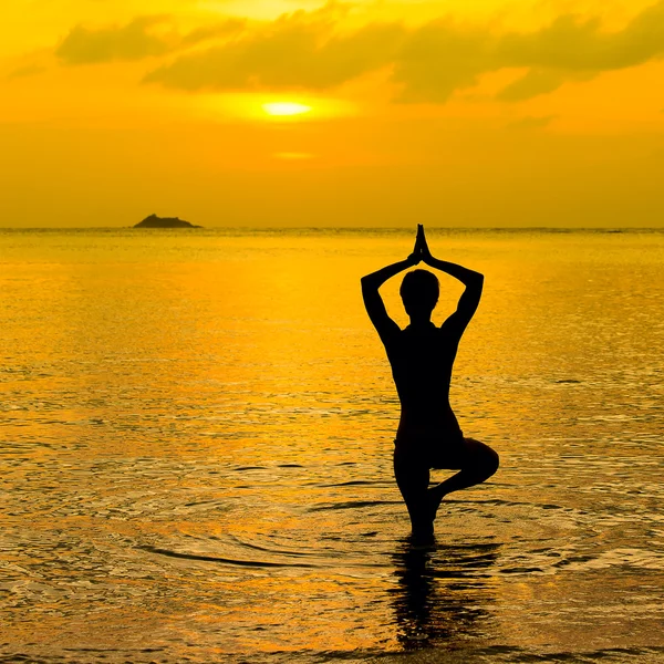 Yoga kvinnor silhouette, arbetar på poser vid solnedgången — Stockfoto