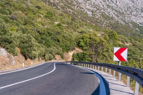 Bend Road Warning Sign Mountain Road Summer Time Europe — Photo