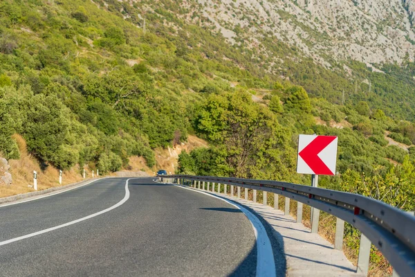 Bend Road Warning Sign Mountain Road Summer Time Europe — Photo