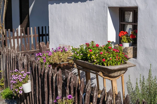 Oud Landhuis Tuin Met Bloemen Etnografisch Dorp Holloko Hongarije Een — Stockfoto