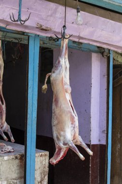 Rama leşi bir kancaya asılı ve satışa hazırlanıyor. Hindistan 'ın Srinagar, Jammu ve Kashmir eyaletlerinde kasap eti satan bir dükkan..