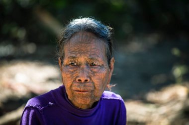 Kyee Chaung, Myanmar - 27 Ocak 2016: Mrauk U bölgesi yakınlarındaki köyde yüzünde ağ örümceği dövmesi olan yaşlı Chin kadınının portresi. Çin halkı, Kukiler olarak da bilinir. Tibeto Burman kabilesinden birkaç kişi.