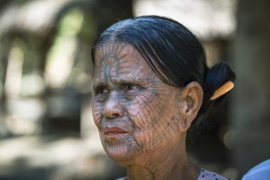 Kyee Chaung, Myanmar - 27 Ocak 2016: Mrauk U bölgesi yakınlarındaki köyde yüzünde ağ örümceği dövmesi olan yaşlı Chin kadınının portresi. Çin halkı, Kukiler olarak da bilinir. Tibeto Burman kabilesinden birkaç kişi.