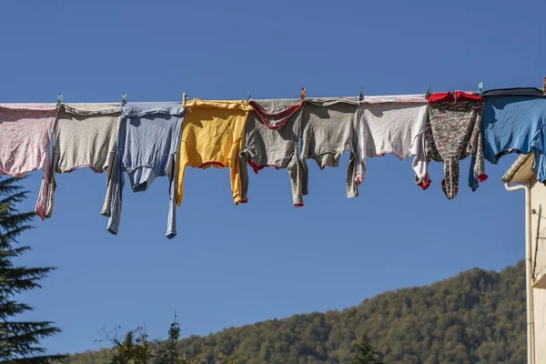 Clothesline Rope Clean Clothes Sunny Summer Day Blue Sky Clothes — Stock Photo, Image