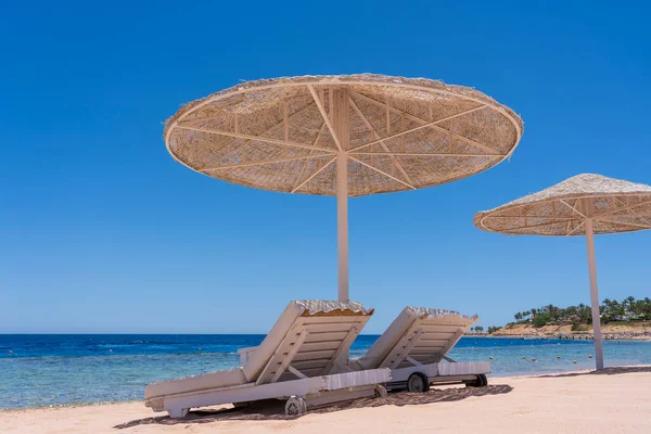 Luksusowa Piaszczysta Plaża Krzesłami Plażowymi Białymi Słomkowymi Parasolami Tropikalnym Kurorcie — Zdjęcie stockowe