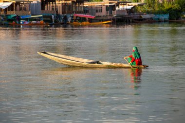 Srinagar, Hindistan - Temmuz 02, 2015: Dal Gölü 'nde yaşam tarzı, Hindistan' ın Srinagar, Jammu ve Kashmir eyaletlerinde küçük bir taşımacılık teknesi olan Shikara 'yı kullanıyor. Teknede Hintli bir kadın
