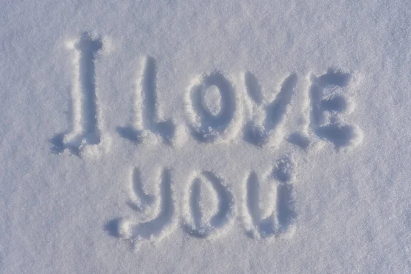 Texto Love You White Fresh Snow Winter Close Dibujos Las — Foto de Stock