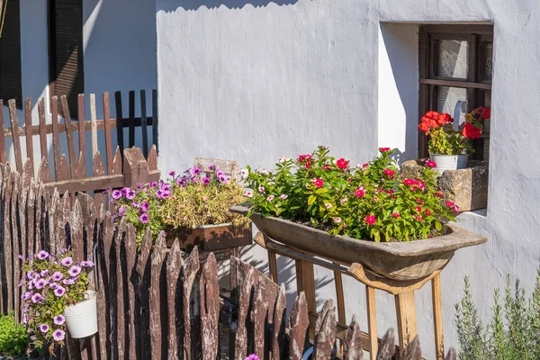 Antigua Casa Rural Patio Con Flores Pueblo Etnográfico Holloko Hungría —  Fotos de Stock