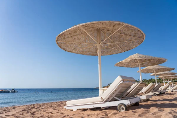 Luxusní Písečná Pláž Lehátky Bílými Slaměnými Deštníky Tropickém Letovisku Pobřeží — Stock fotografie