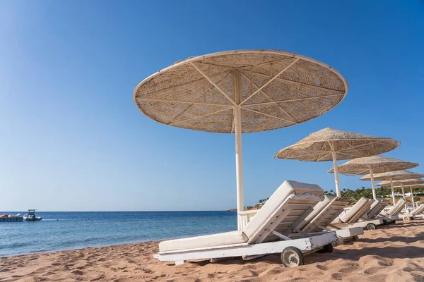 Spiaggia Sabbia Lusso Con Sedie Sdraio Ombrelloni Paglia Bianca Località — Foto Stock