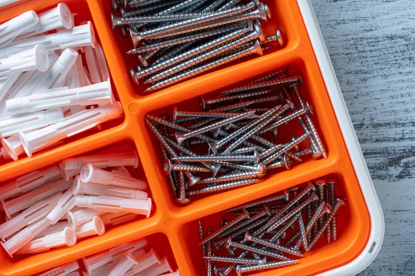 Box Organizer Screws Dowels White Wooden Background Close Top View — Stock Photo, Image