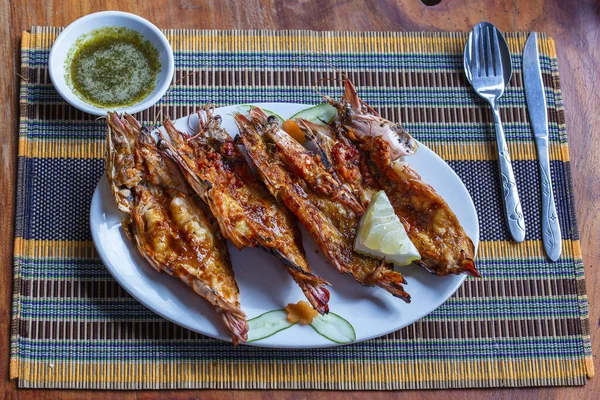 Crevettes Tigrées Grillées Dans Restaurant Poisson Ngapali Myanmar Birmanie Gros — Photo