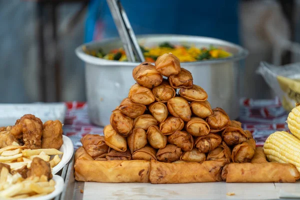Gefrituurde Kip Groenten Lente Broodjes Straat Voedsel Markt Thailand Close — Stockfoto
