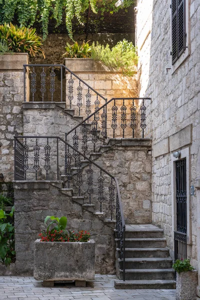 Detail Ancient Cast Iron Railing Stone Staircase Old Town Kotor — Stock Photo, Image