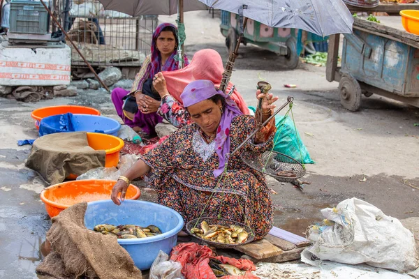Srinagar India July 2015 Indian Woman Working Fish Street Market — Stock Photo, Image