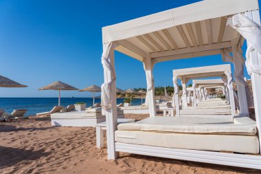 Mısır, Afrika 'daki Kızıldeniz kıyısındaki tropikal tatil beldesinde lüks kumsalda yataklı beyaz güneş tepe örtüsü. Karantina sırasında boş plajlar