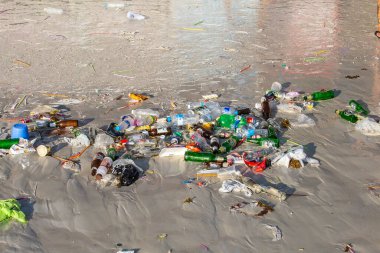 Koh Phangan, Tayland - 26 Aralık 2015: Koh Phangan, Tayland 'daki dolunay partisinden sonra Haad Rin plajındaki deniz suyu kirliliğinin sonuçları