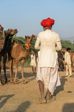 Pushkar, Hindistan - 14 Kasım 2018: Hindistan 'ın kutsal şehri Pushkar, Rajasthan yakınlarındaki Pushkar Camel Mela sırasında çölde yaşayan Hintli adam. Bu fuar dünyanın en büyük deve ticaret fuarı.