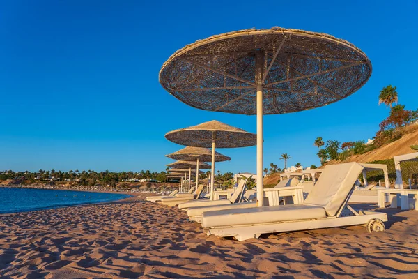 Playa Arena Lujo Con Sillas Playa Sombrillas Paja Blanca Resort — Foto de Stock