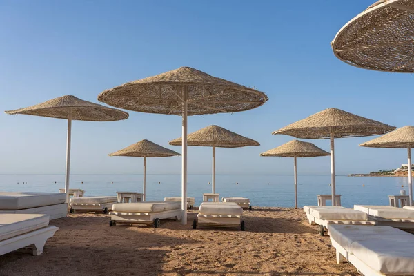 Luxus Homokos Strand Tengerparti Székekkel Fehér Szalma Esernyők Trópusi Üdülőhelyen — Stock Fotó