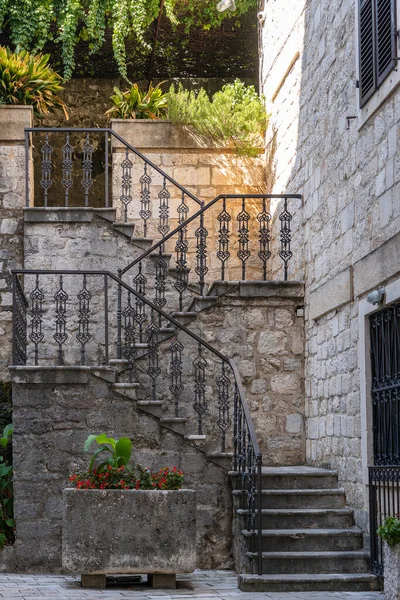 Detail Ancient Cast Iron Railing Stone Staircase Old Town Kotor — Stock Photo, Image