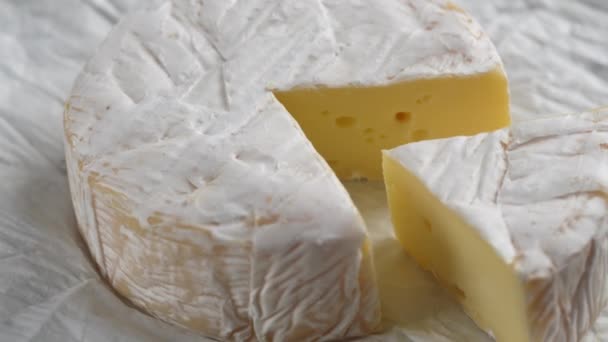 Rotierender Camembert Frischkäse Nahaufnahme Milchproduktekonzept Köstliche Stücke Von Weißem Schimmelkäse — Stockvideo