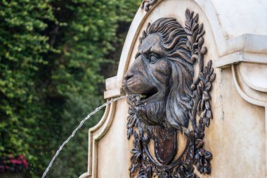 Vietnam 'ın Da Nang kasabası yakınlarındaki köyde taştan sarı duvardaki büyük aslan heykeli su püskürtüyor.