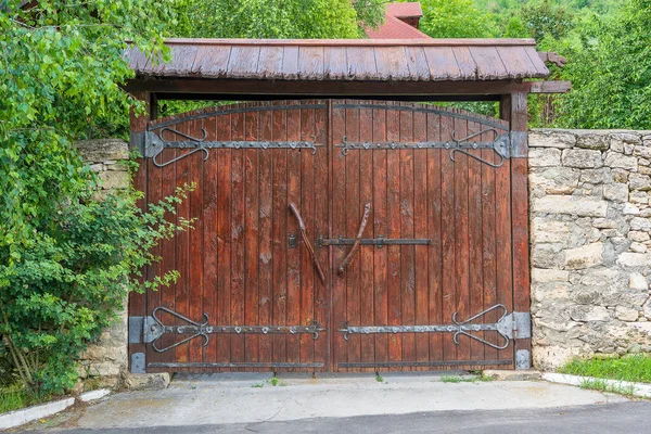 Retro Landelijke Houten Poort Met Stenen Muur Vintage Stijl Close — Stockfoto