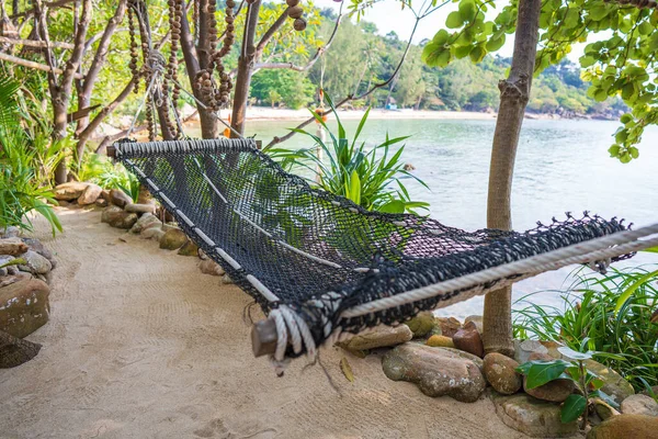 Mavi deniz suyunun yakınındaki güzel tropikal sahilde boş hamak, Koh Phangan, Tayland, kapatın. Yaz ve seyahat konsepti